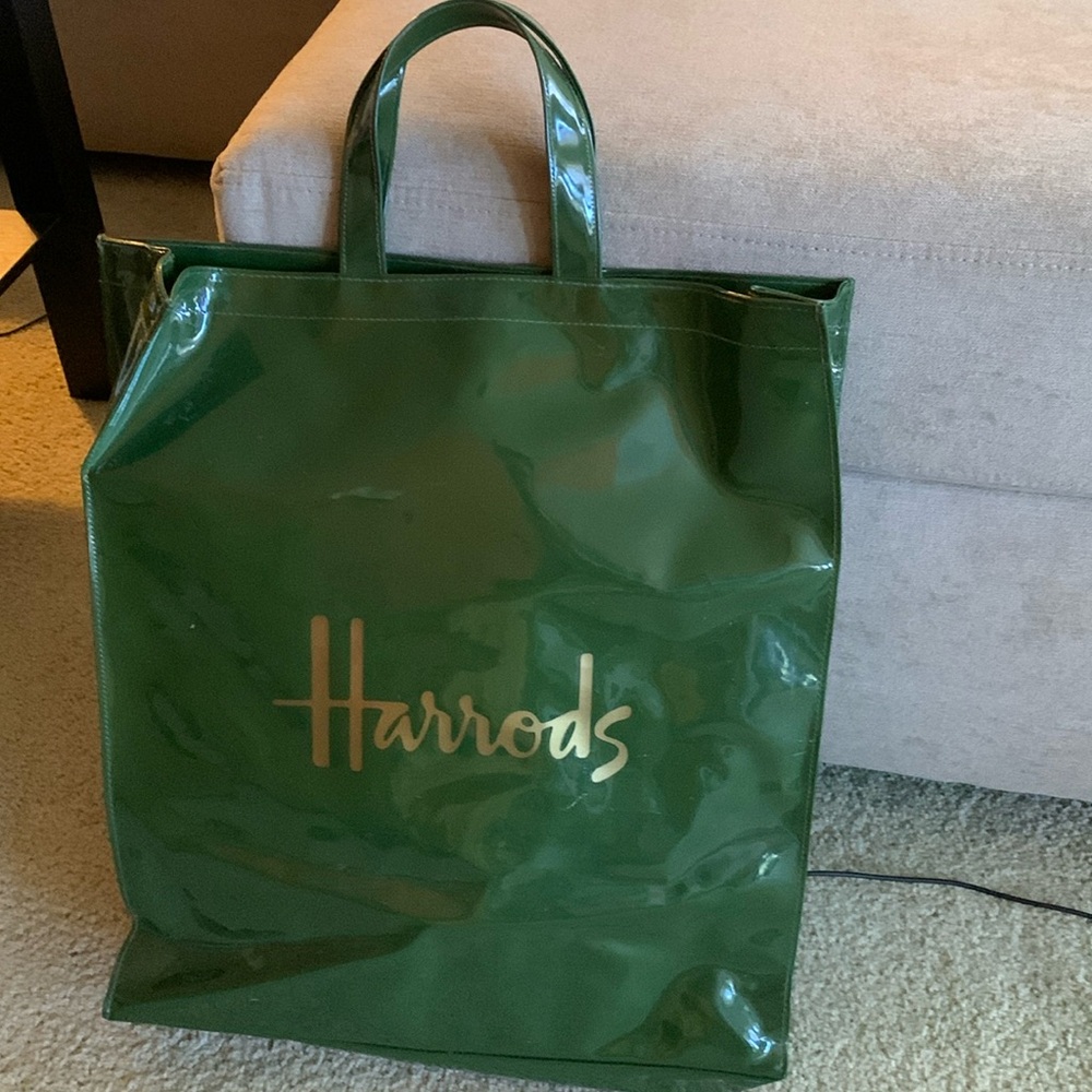 Harrods London Green PVC with gold logo Tote Bag Casual Utility Travel Luxury
